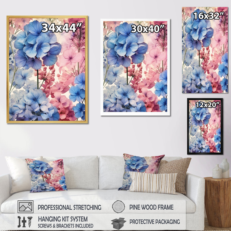 Impression sur toile «Blue and Pink Geranium Collage», Cadre naturel flottant, H 40 po x l 30 po x P 1,5 po