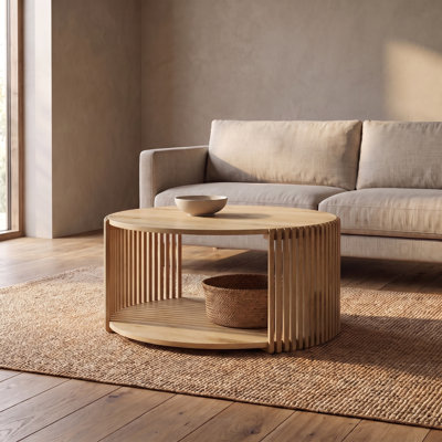 Estie Round Wood Slatted Coffee Table With Open Shelf