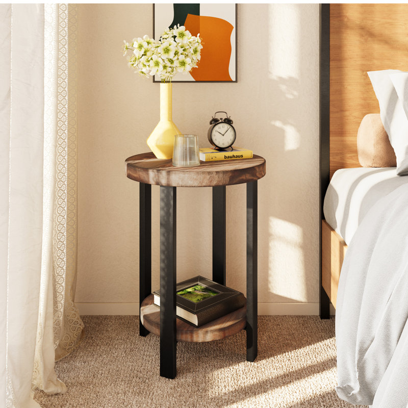 Rundell Pomona 20" Round End Table with 2 Shelves, Solid Wood Top, Reclaimed Wood Look, Metal Legs, Rustic Natural Brown Finish - Living Room Furniture