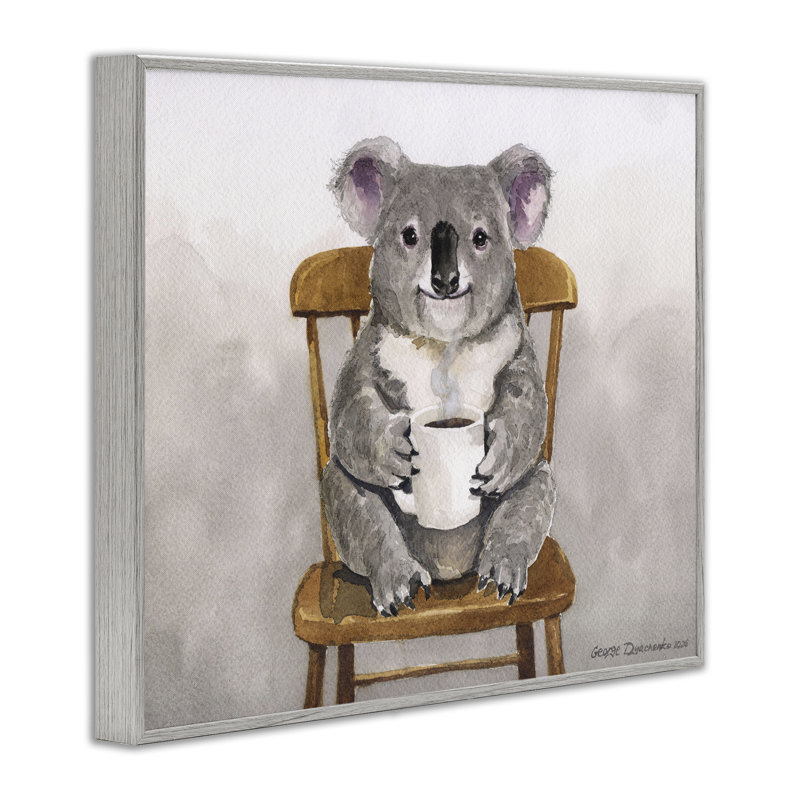 Koala avec tasse à café, estampe numérique, conception de George Dyachenko, 11 x 14, Farmhouse Grey Giclee Framed