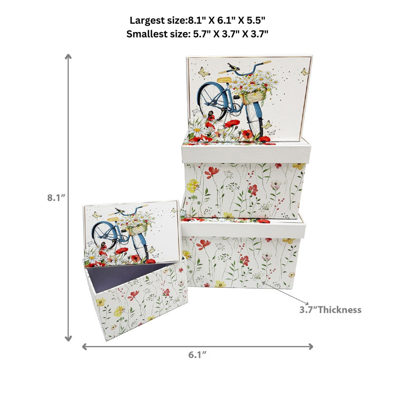 Ensemble de 4 boîtes gigognes rectangulaires avec couvercle et fleurs