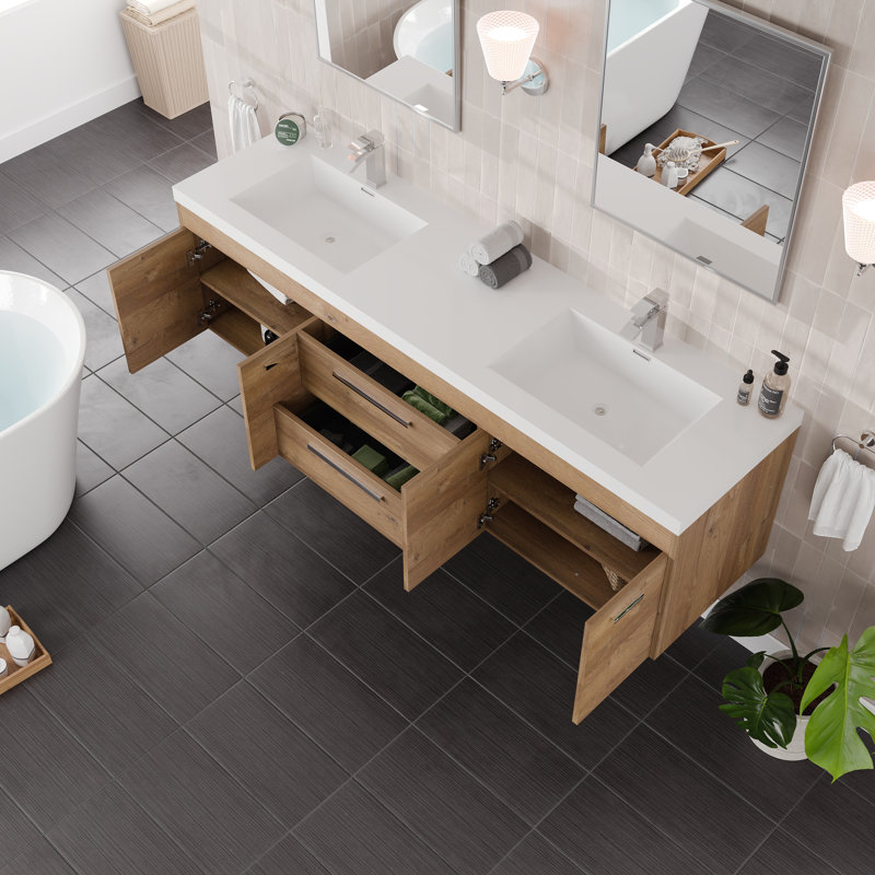 Wauconda 72"W X 20"D Wall Mount Double Sink Bathroom Vanity With White Acrylic Countertop And Integrated Sinks, Natural Oak