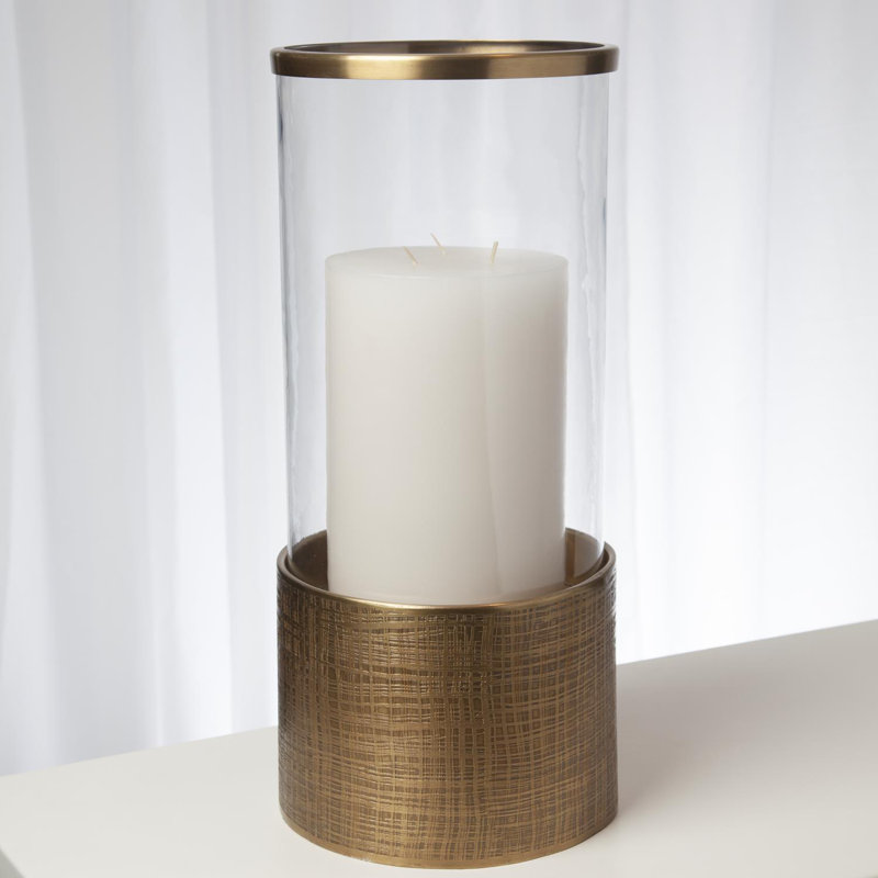 Plaid Etched Glass Hurricane-Antique Brass