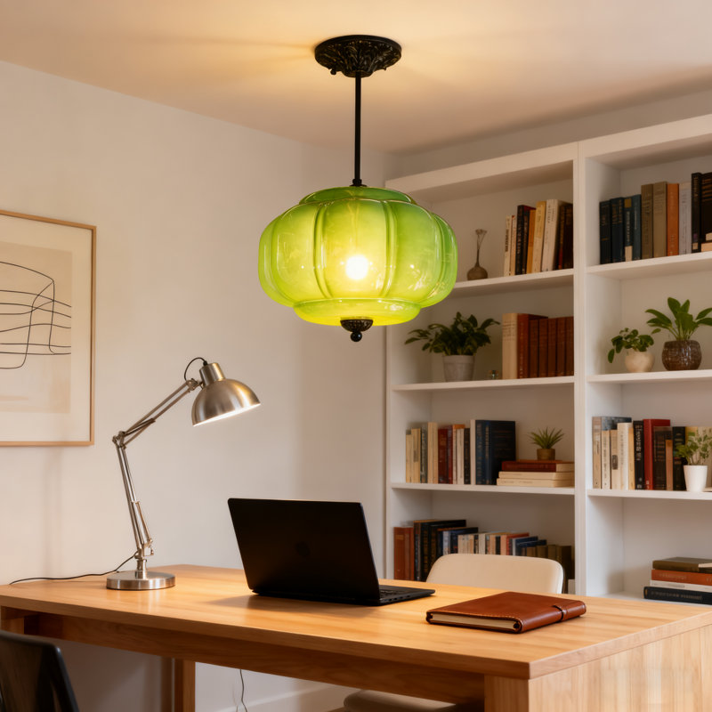 Luminaire suspendu en verre vert citrouille 13,8 po, ampoule incluse, Green