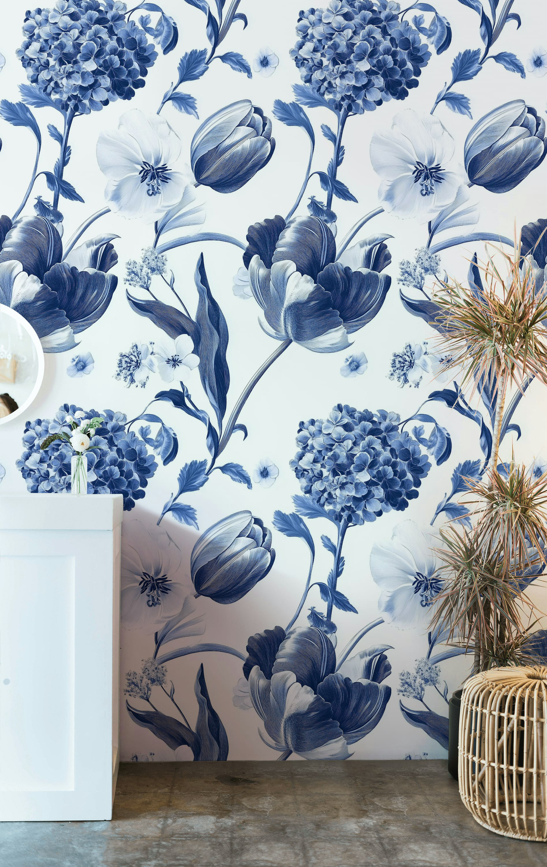Charlton Home® Gurkirat Delft Blue Floral Wallpaper Timeless Elegance Modern Interiors Peel and Stick Roll | Wayfair