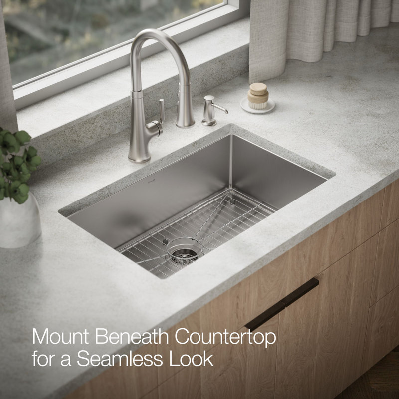 Strive 29" L x 18-5/16" W x 9-5/16" Under-Mount Medium Single Bowl Kitchen Sink with Basin Rack