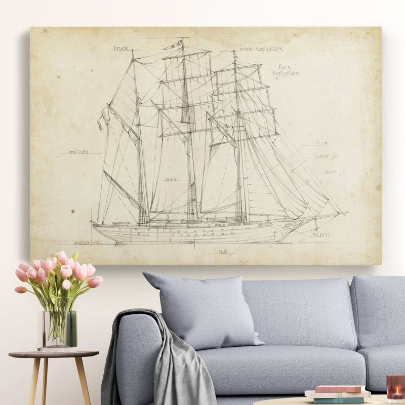 " Sailboat Blueprint I ", 12" H x 8" W x 1" D, Wrapped Canvas