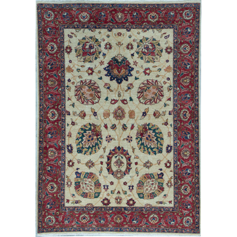 Tapis beige et rouge noué à la main de haute qualité
