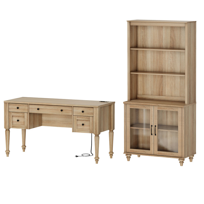 2 - Piece Office Set, 56" Executive Desk & Bookcase With Glass Doors, Oak
