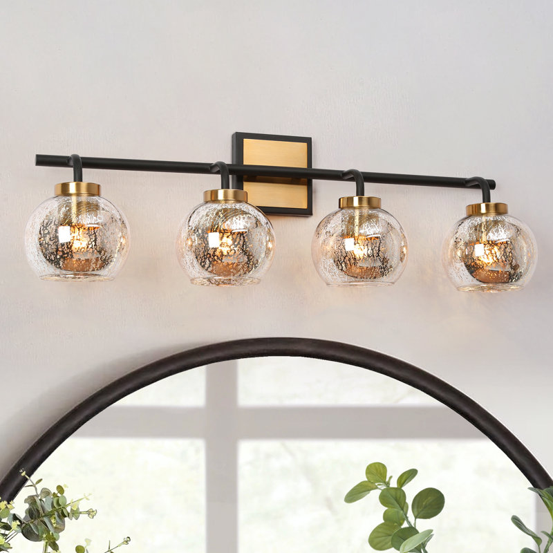 4-Light Dimmable Modern Black/Brass Vanity Light with Mercury Glass Shade