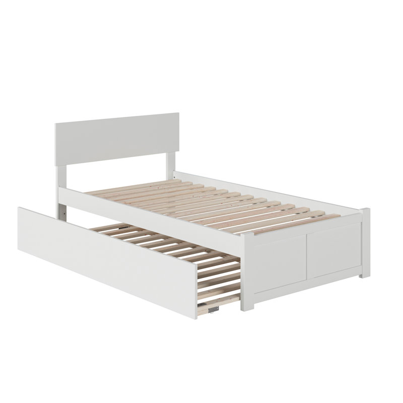 Lit plateforme en bois massif avec pied de lit et lit gigogne Bueno Park, Jumeau, Blanc