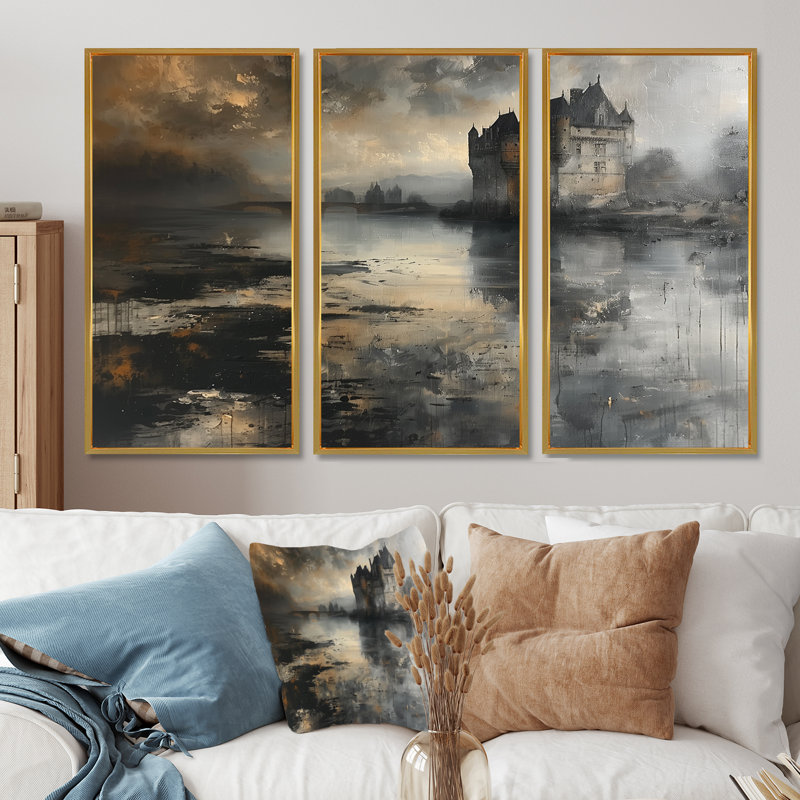 - Ensemble d'impressions murales Chateaus, H 28 po x l 36 po x P 1 po, Toile avec cadre flottant or