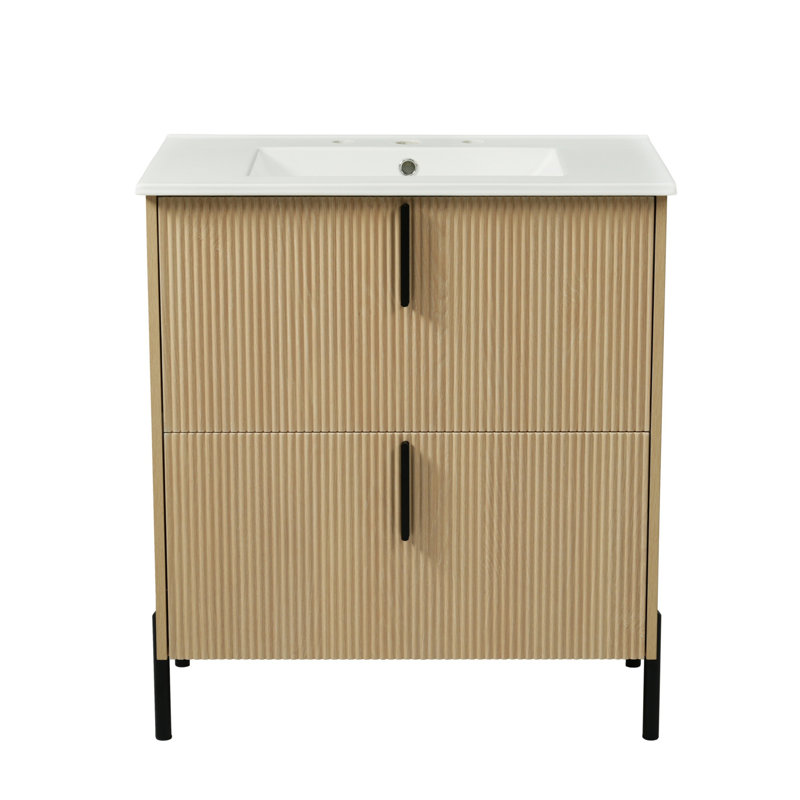 Meuble-lavabo de 30 po avec lavabo en céramique et tiroirs pleine extension, glissières de tiroir à fermeture en douceur, conception cannelée, naturel