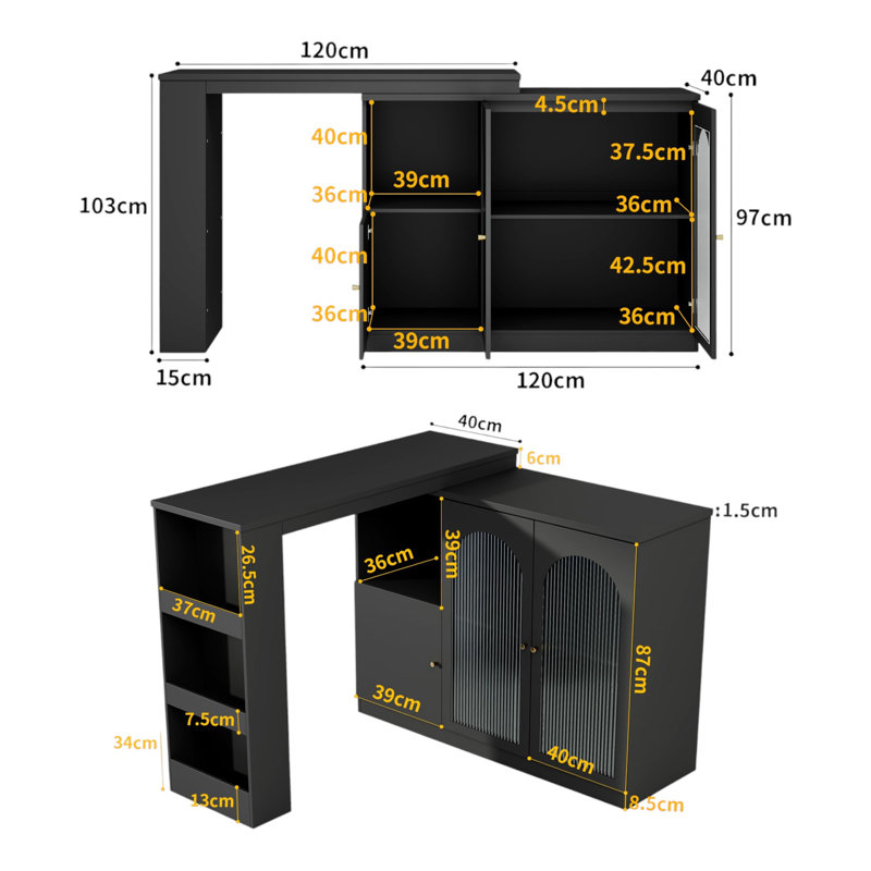 360° Rotating Bar Table Multifunctional Storage Cabinet With Glass Door, Black