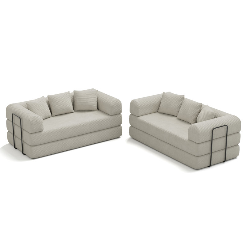 Ensemble de canapé modulaire moderne en velours côtelé 2 pièces avec couchette convertible et supports de dossier en métal