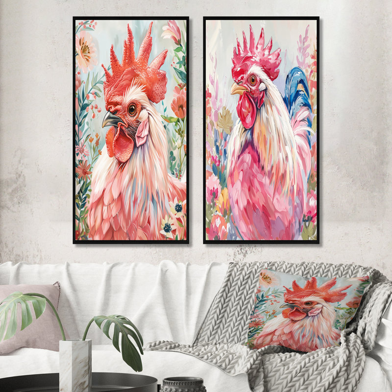 Ensemble de 2 pièces d'art mural coq rouge et vert, H 40 po x l 40 po, Impression encadrée, Noir, noir, noir, noir