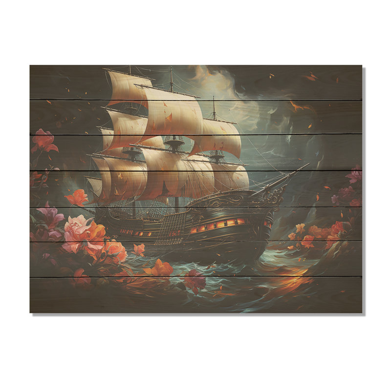 Pirate Ship Nightly Voyage II - Pirate On Wood Print, 24" H x 32" W x 0.78" D
