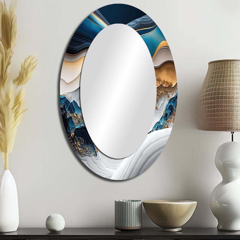 Abstrait Geode Waves Blue II - Miroir mural ovale moderne bleu, 36 po x 24 po