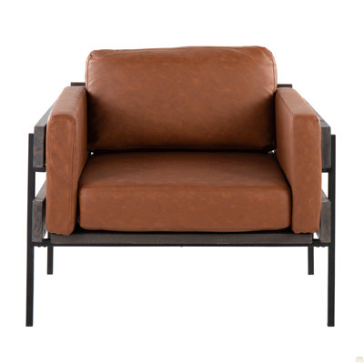 Chaise d'appoint en métal noir, bois gris et similicuir brun clair