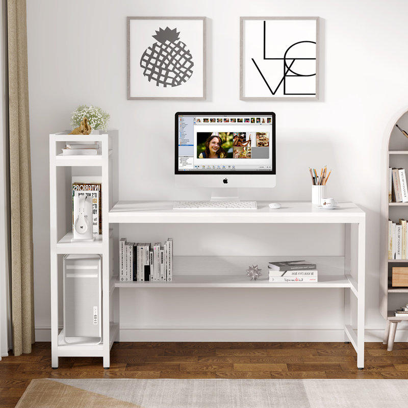 L-Shaped Metal Base Computer Desk, White