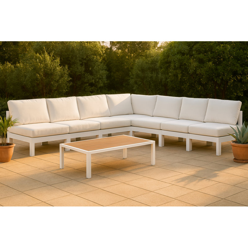 Canapé modulaire d'extérieur de 120 po avec coussins Erdaun, Blanc, Blanc
