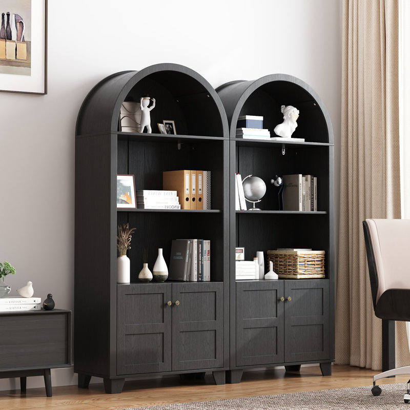 70.9'' Tall Arched Bookcase with Open Shelves and Doors, Display Storage Cabinet for Living Room, Bedroom, or Kitchen Pantry