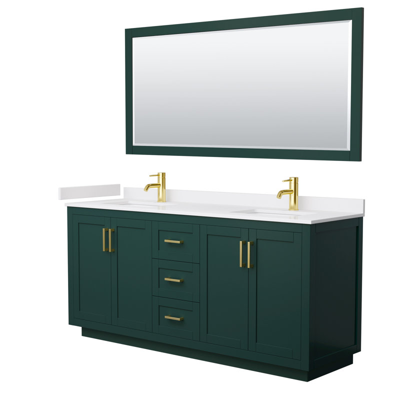 Miranda 72" Freestanding Double Bathroom Vanity with Cultured Marble Top with 70" Mirror, Brushed Gold, White Cultured Marble