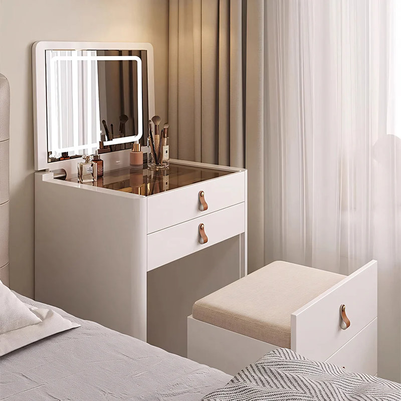 Functional Makeup Vanity Built-in Mirror Organized Storage Drawers Rolling Stool--Arrtle Furniture