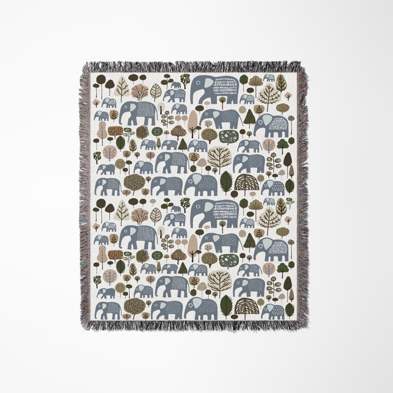 Jeté en mélange de coton Alfie Elephant, Bleu clair / blanc cassé, L 70 po x l 50 po