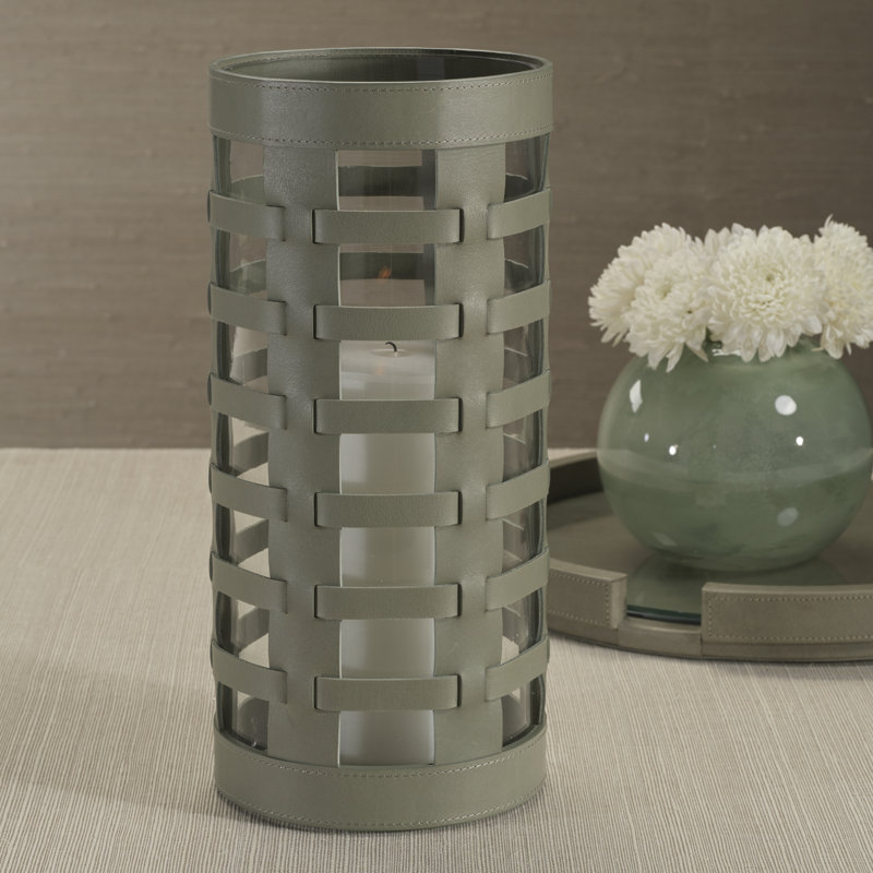 Nappa Woven Leather Glass Hurricane/ Vase, Sage