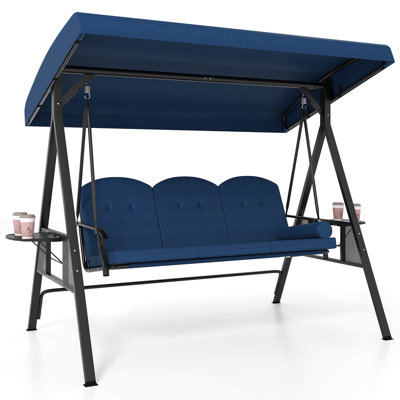 3-Seat Patio Swing with Canopy with Removable Cushions & Side Pockets Stand
