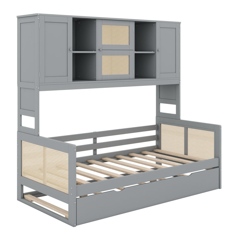 Lit de jour en bois avec lit gigogne, armoire et tablette tout-en-un, Gris