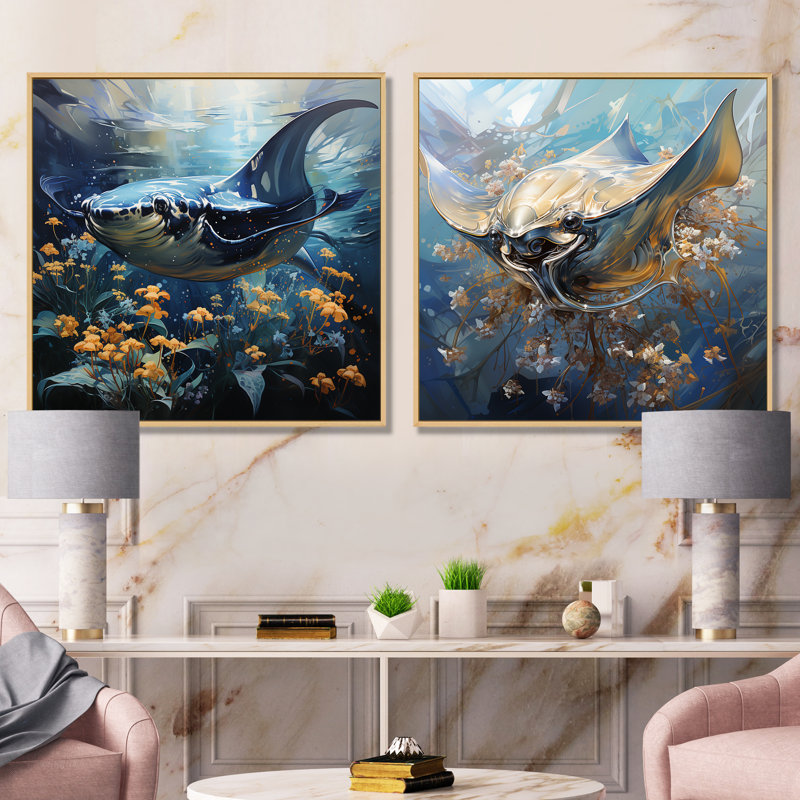 Manta Ray Dance I - ensemble de 2 reproductions sur toile d'animaux côtiers, H 16 po x l 33 po x P 1 po, Cadre flottant brun