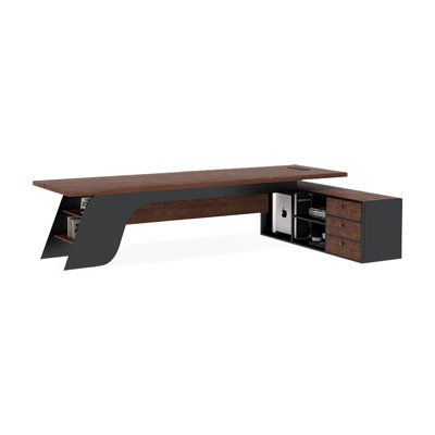 Bureau en bois massif en forme de L brun noyer + noir + acier au carbone avec 3 tiroirs