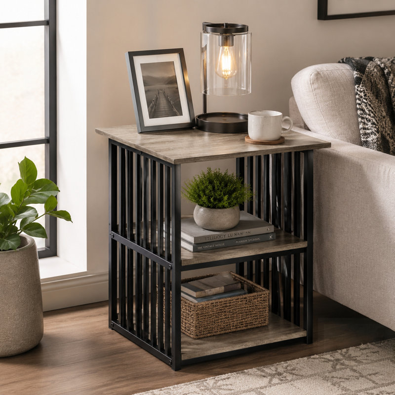 Table de chevet industrielle avec structure en métal, tablettes spacieuses pour les chambres modernes