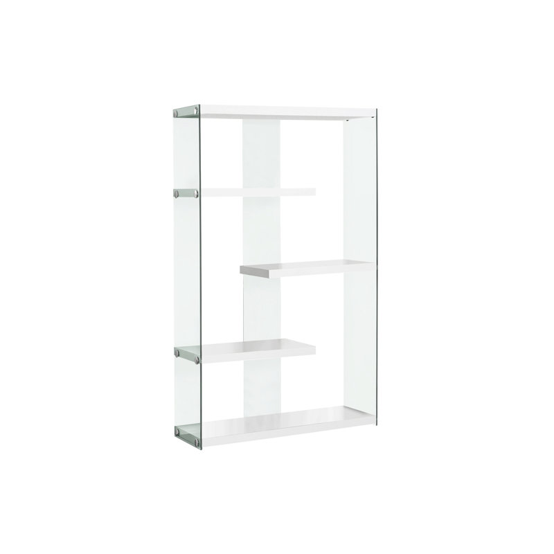 Bibliothèque 60 po H 5 niveaux en stratifié blanc brillant, avec dos en verre, bureau moderne et chambre à coucher, côtés trempés transparents, contemporain