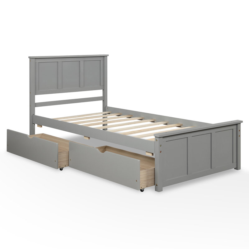 Twin Size Bed Frames With Two Drawers,twin Size Storage Bed Frame With Drawer Underneath,wood Twin Platform Bed Frame With Headboard With Slat Support,no Box Spring Need,gray