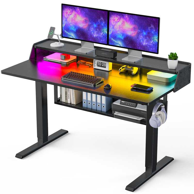 Electric standing desk, height adjustable, with storage space, standing gaming desk with LED light strip, suitable for home office and gaming, sit/stand workstation.
