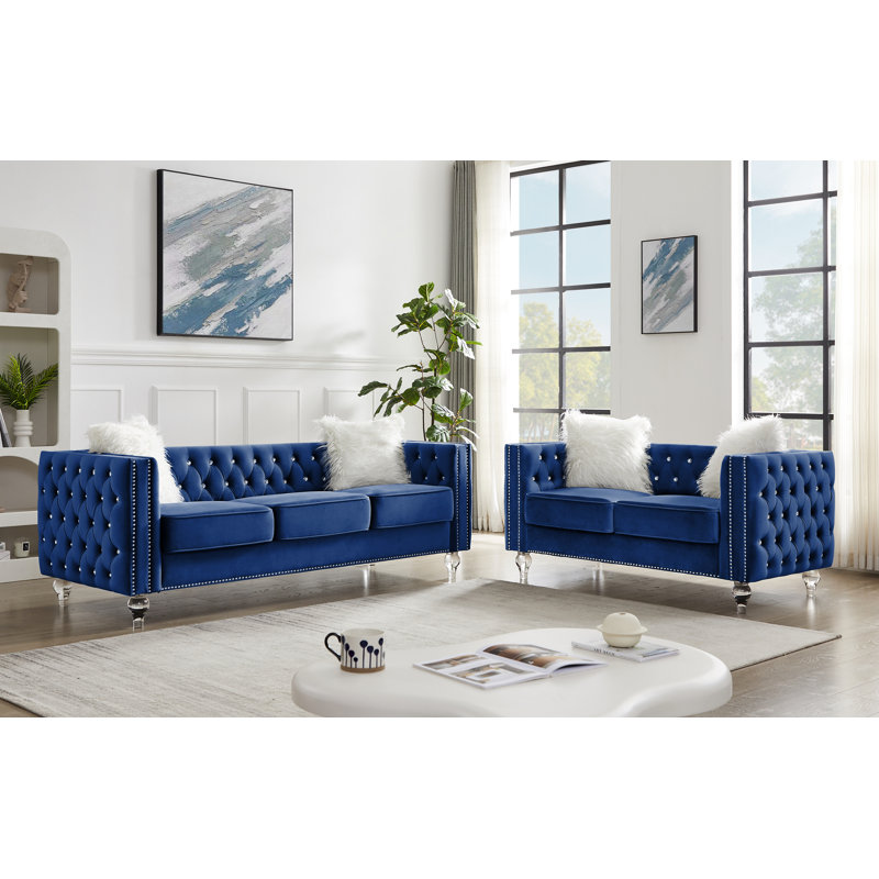 Canapé 83 po en velours, siège à 3 places, canapé à accoudoirs carrés avec 2 coussins, Bleu