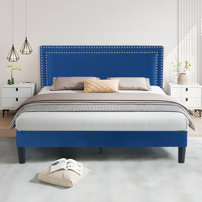 Queen Size Dark Blue Velvet Upholstered Platform Bed with Adjustable Headboard, Modern Bed Frame with Wood Slats, No Box Spring Needed
