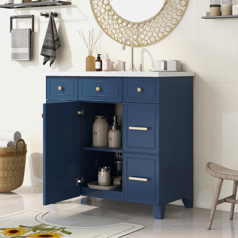 36"L x 18"W Free Standing Bathroom Vanity with Resin Top, Gold, Navy Blue