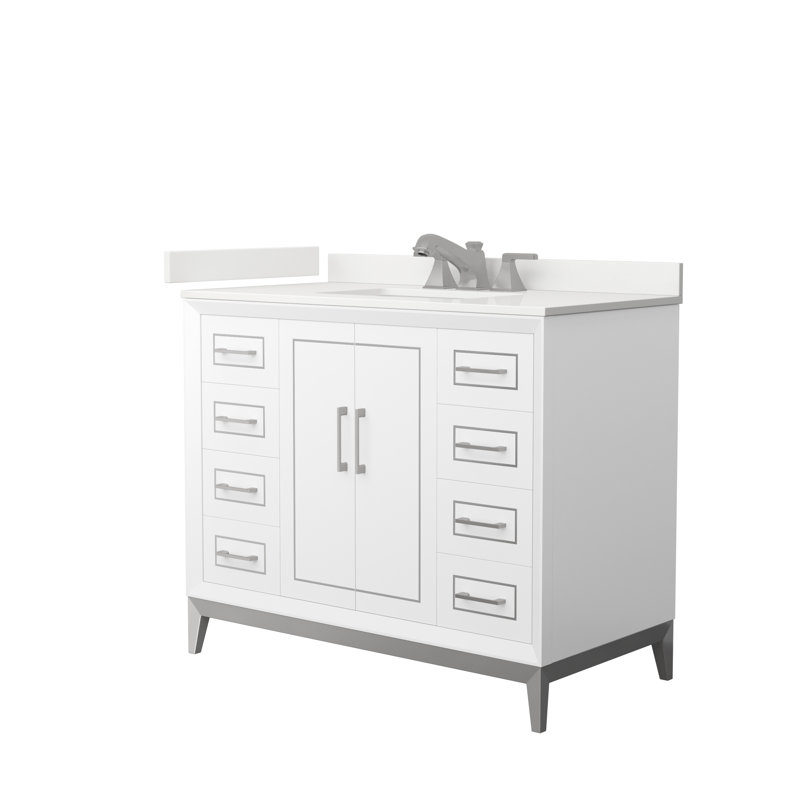 Meuble-lavabo sur pied simple avec comptoir en quartz 42 po Marlena, WDX13298, Blanc, Nickel brossé