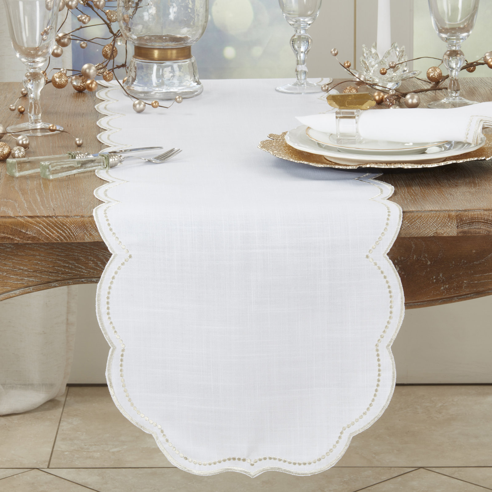Lauryn Collection 70" Table Runner, White/Champagne