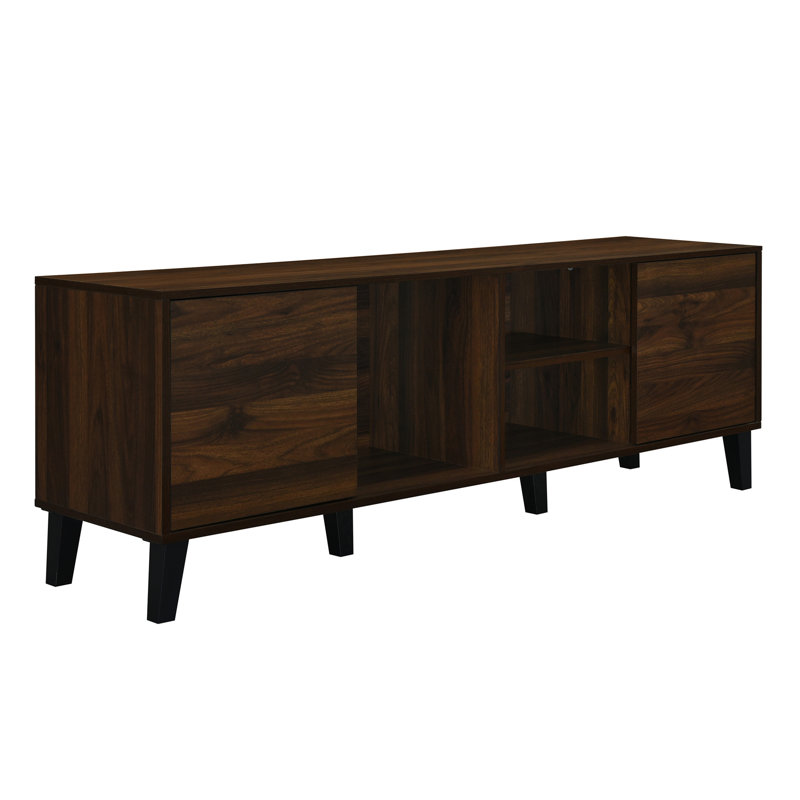 Console Mid-Century pour téléviseur de 70 po et support fonctionnel de 63 po au fini brun foncé, style avec tablettes ouvertes, élégant