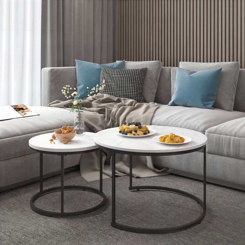 Ensemble de 2 tables basses gigognes rondes avec plateau en marbre - Blanc