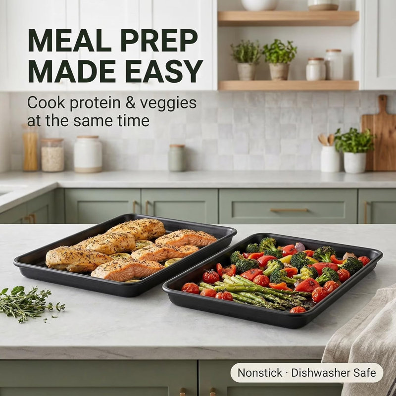 Ensemble de 2 plaques de cuisson pour quarts de cuisson - petite plaque à biscuits antiadhésive 13,8 x 9,8 avec poignées plus larges, plateau de four en acier au carbone 27% plus épais - noir