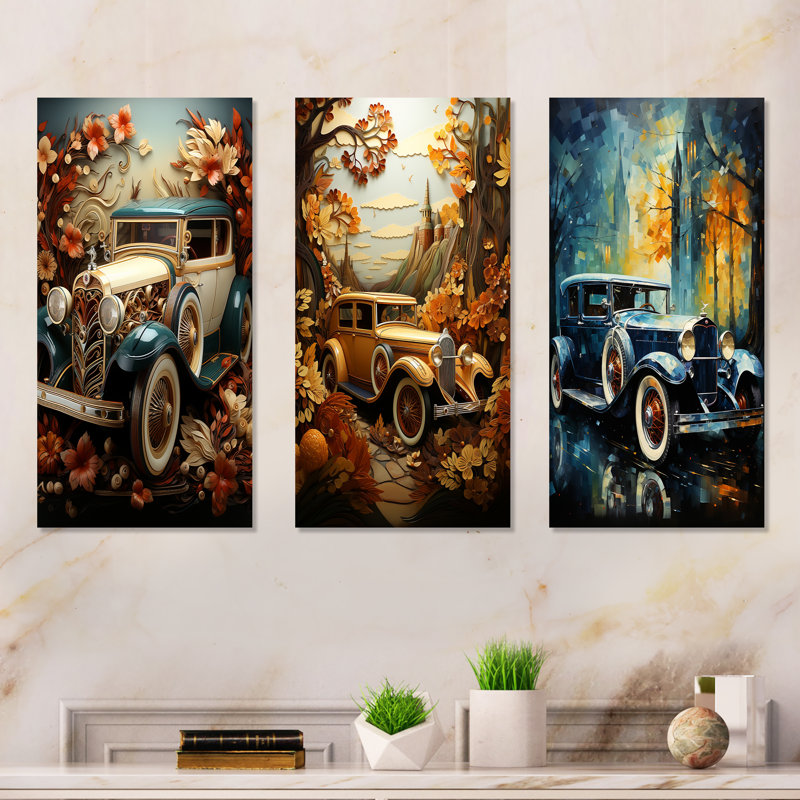 1930S Vintage Car Nostalgia Collage - Car Vintage Metal Wall Art Set Of 3, 28" H x 36" W