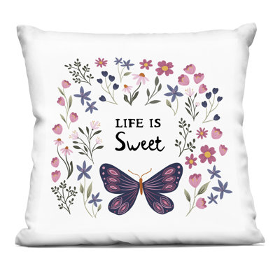 «Life Is Sweet Floral Butterfly», coussin décoratif imprimé par JJ Design House LLC