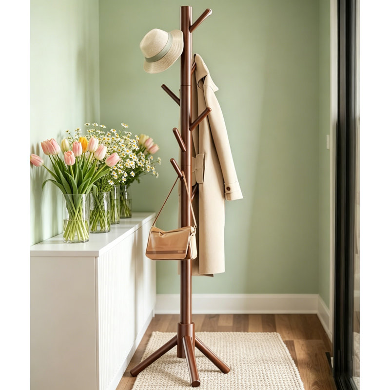 Sturdy Wooden Coat Rack With 8 Hooks And 3 Adjustable Positions. The Brown Color Is Versatile And Suitable For Bedrooms, Entryways, And Offices.