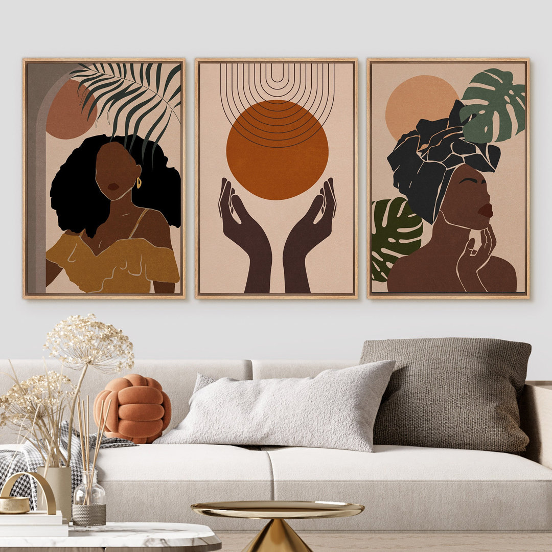 Mid Century Modern Boho " African American Stylish Black Woman Female Portrait Mid-Century Modern Boho Abstract Jungle Plant " 3 - Pieces IDEA4WALL Frame